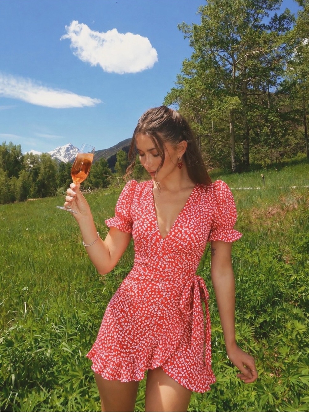 Cottagecore Red Floral Puff Sleeve Wrap Mini Summer Fun Flowy Party Dress Small